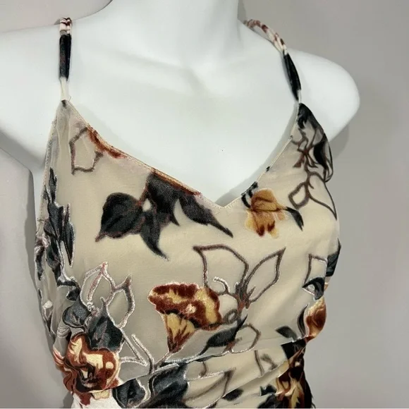 Vintage tan silky blend velvet burnout mini floral damask slip dress boho chic - Picture 6 of 7
